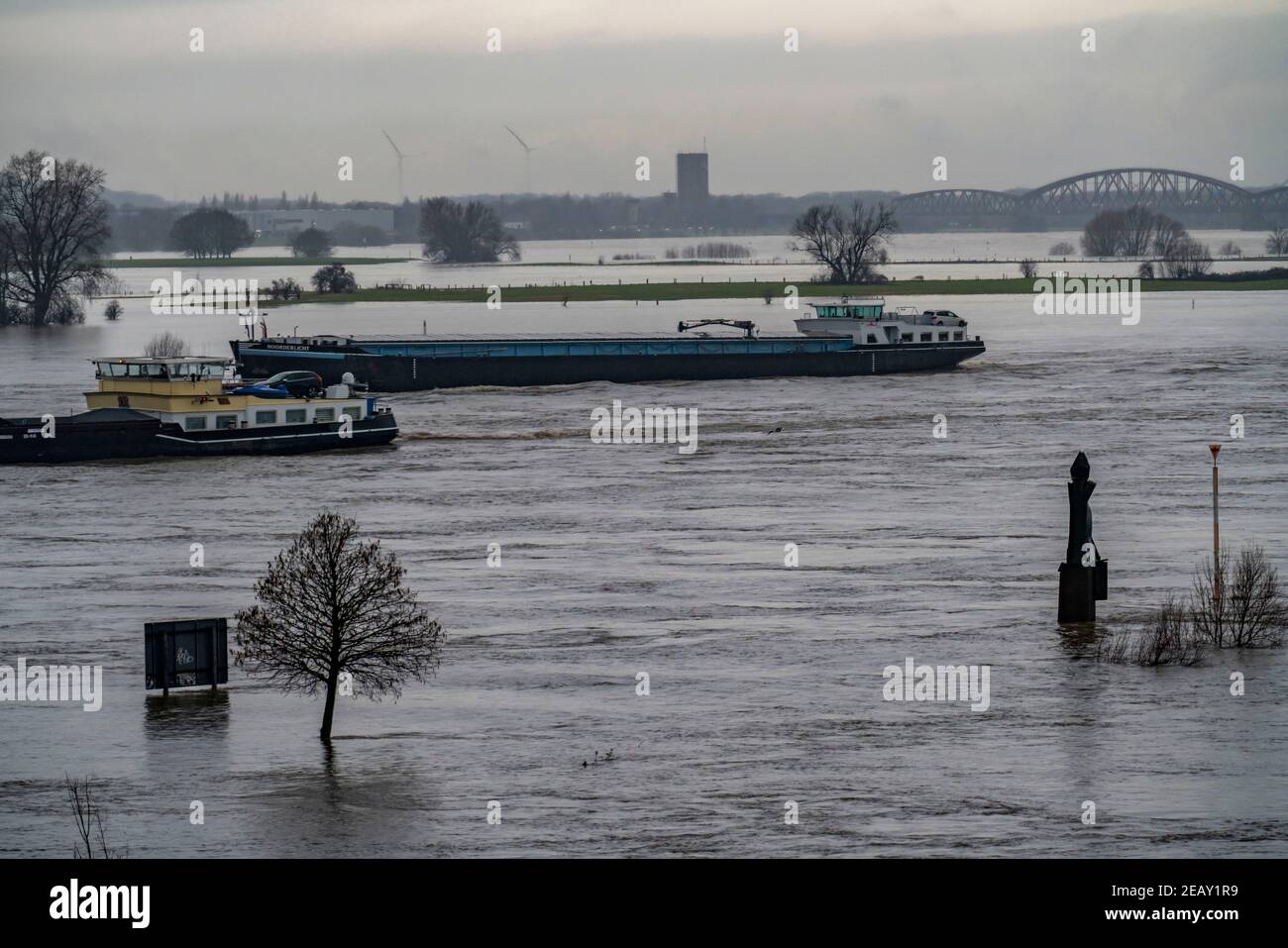 Rhine flooding, Duisburg-Ruhrort, flooding, behind the Rhine bridges near Duisburg Rheinhausen, restrictions on shipping, Duisburg, NRW, Germany Stock Photo