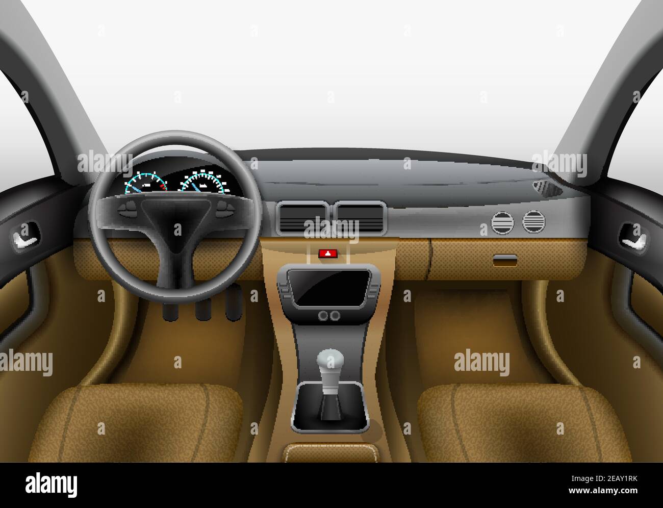 Realistic car interior with light chairs and grey dashboard vector