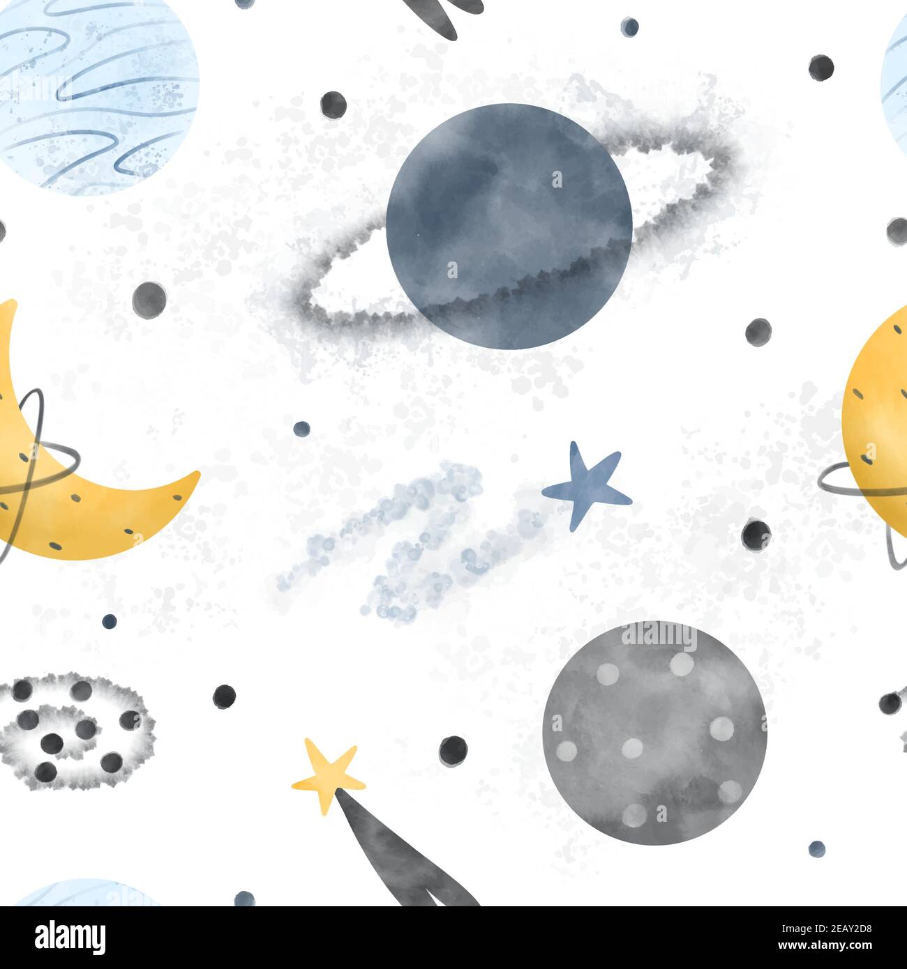 Celestial seamless pattern with space elements: moon, planets, stars, constellations, galaxies. Hand drawn watercolor Scandinavian style vector illust Stock Vector