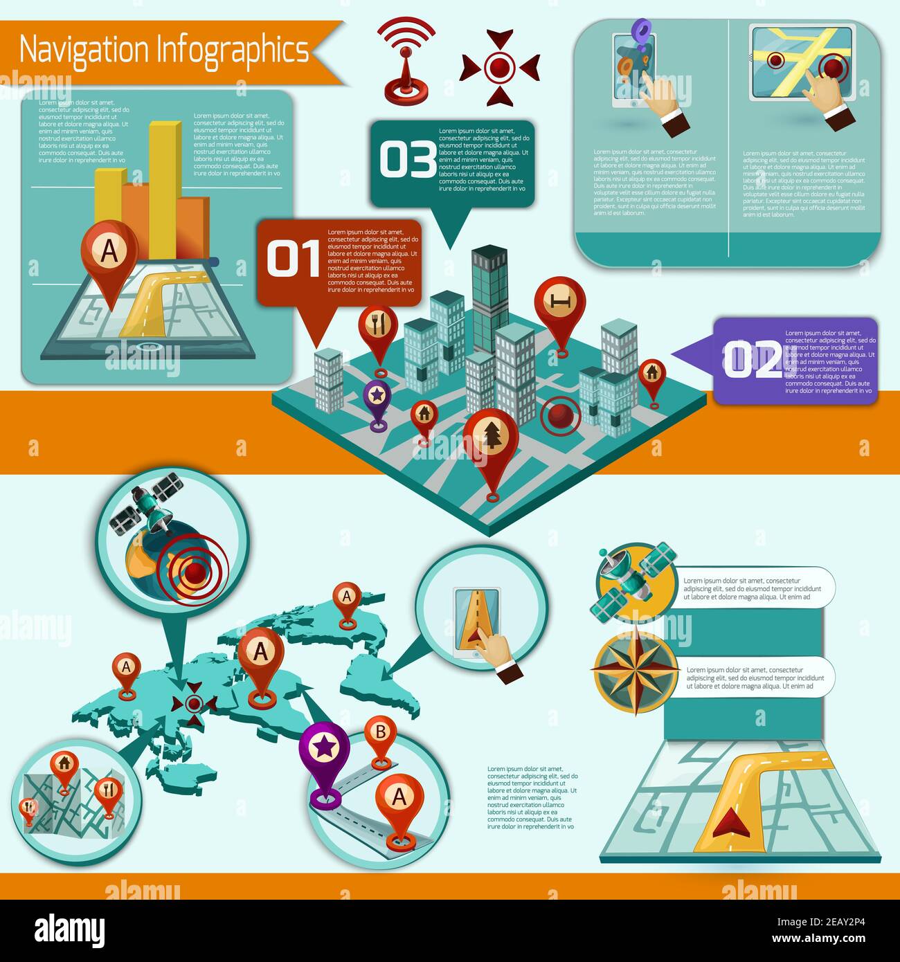 Gps and mobile navigation infographic set with isometric symbols and