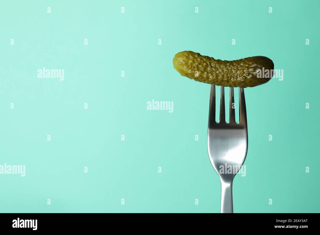 Fork with pickled cucumber on mint background Stock Photo