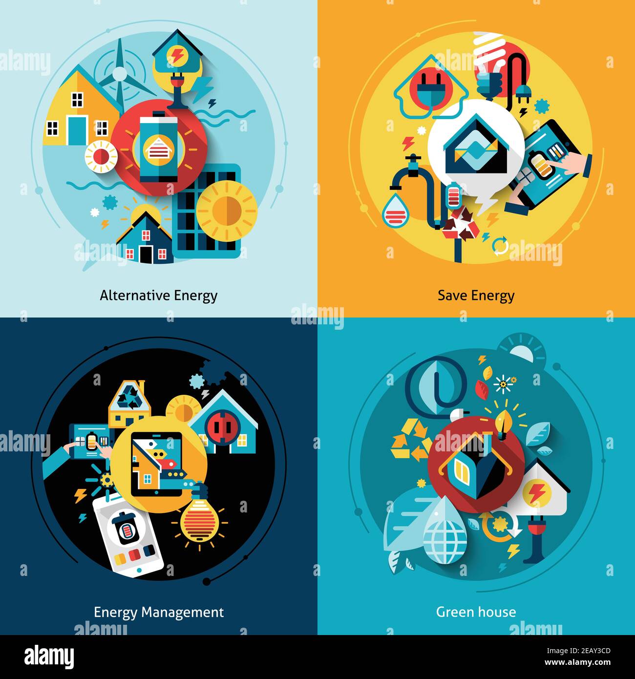 Energy efficiency design concept set with alternative power management flat icons isolated vector illustration Stock Vector