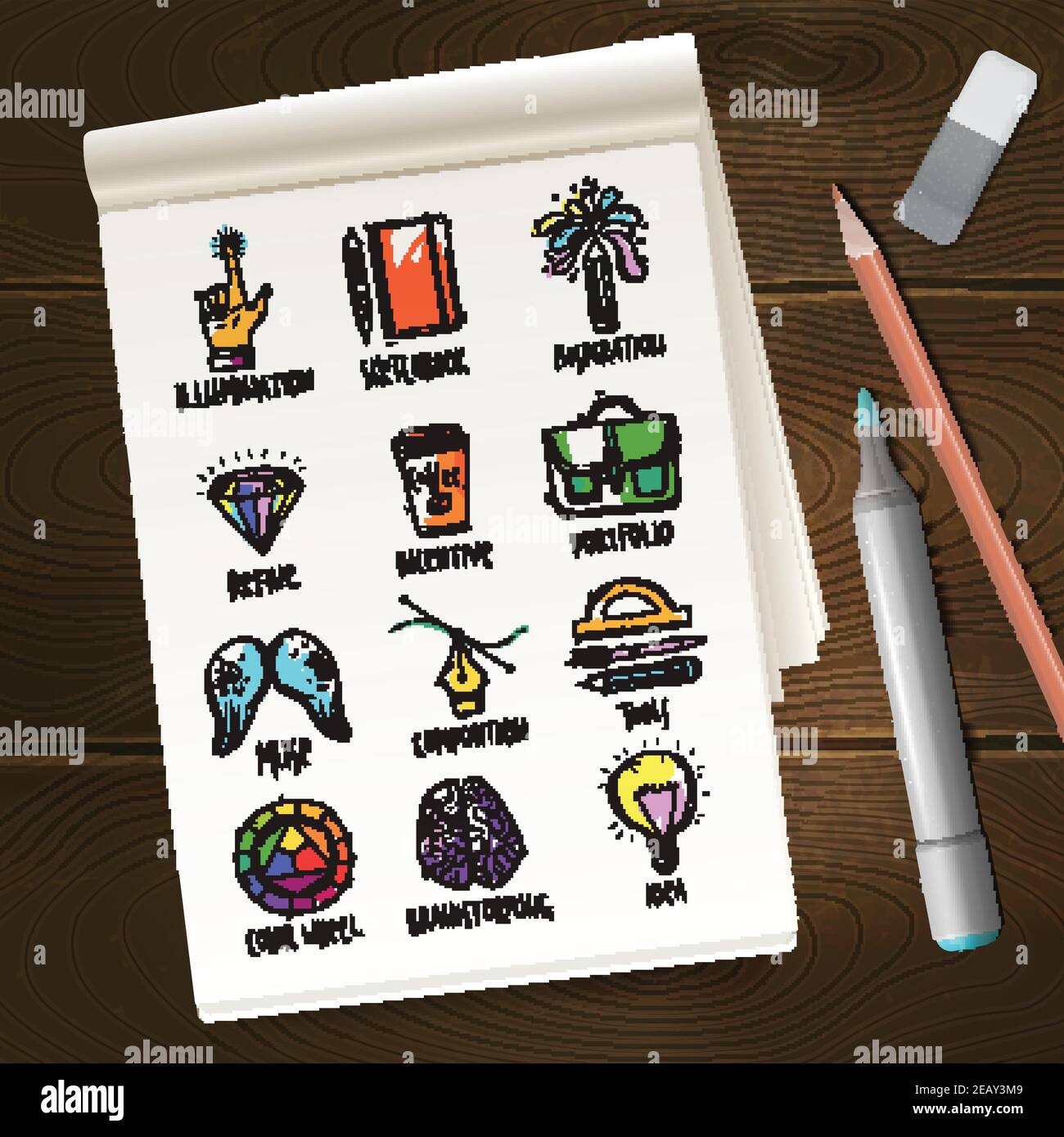 Notebook with creative process sketches icons and pencil on table ...