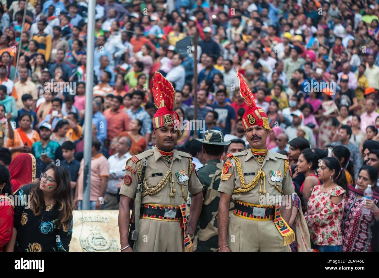 At the Indian-Pakistan border in Wagah, a military parade of the border soldiers is held every evening on both sides, which includes the flag parade Stock Photo