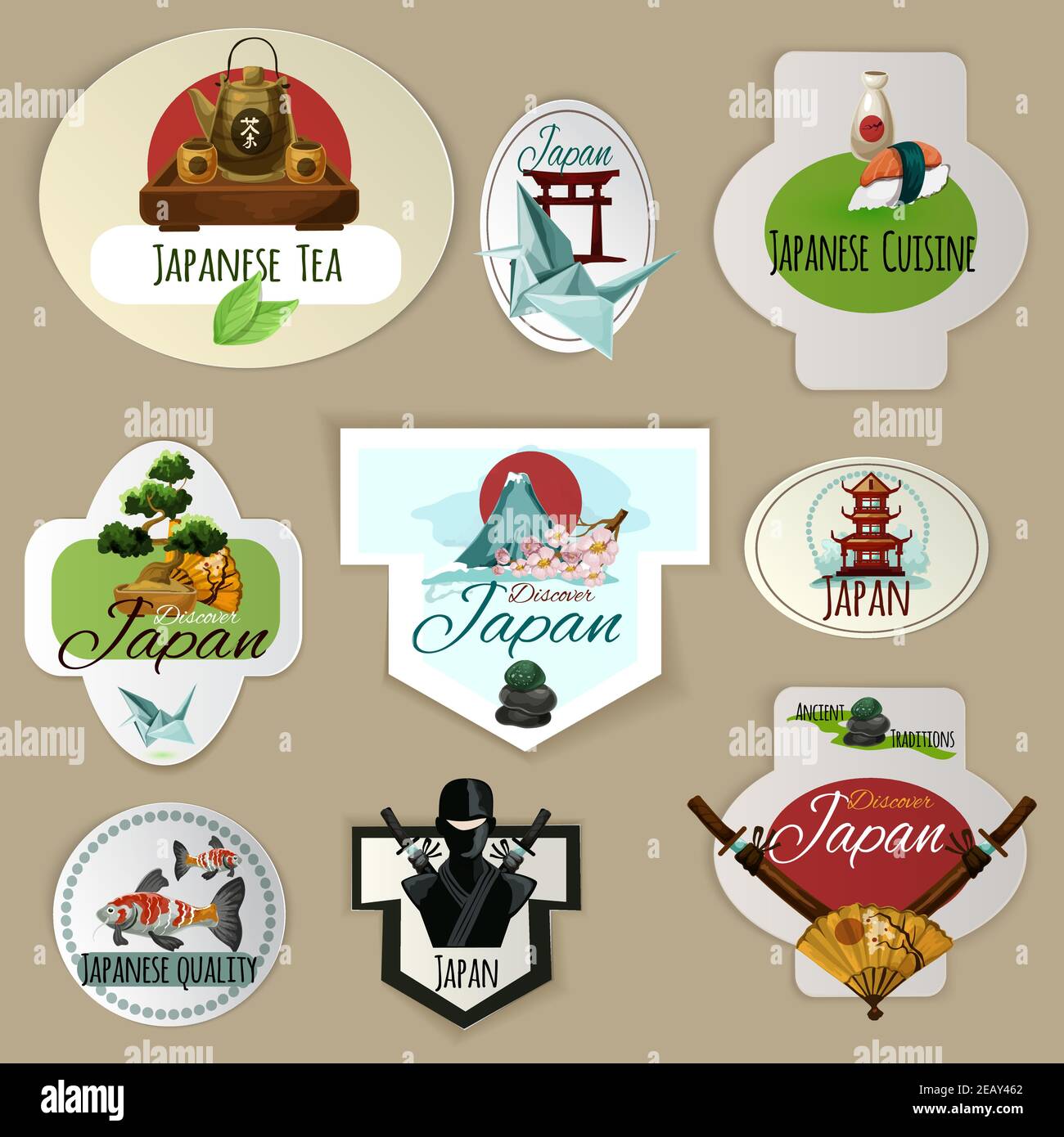 Japan culture nature and cuisine paper emblems set isolated vector 