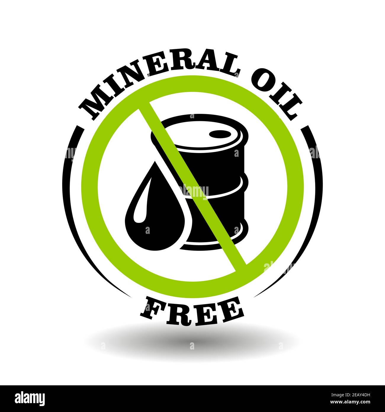 Mineral oil free vector stamp with prohibited petroleum canister drop. Round icon for natural products package,  No synthetic oils sign in organic cos Stock Vector