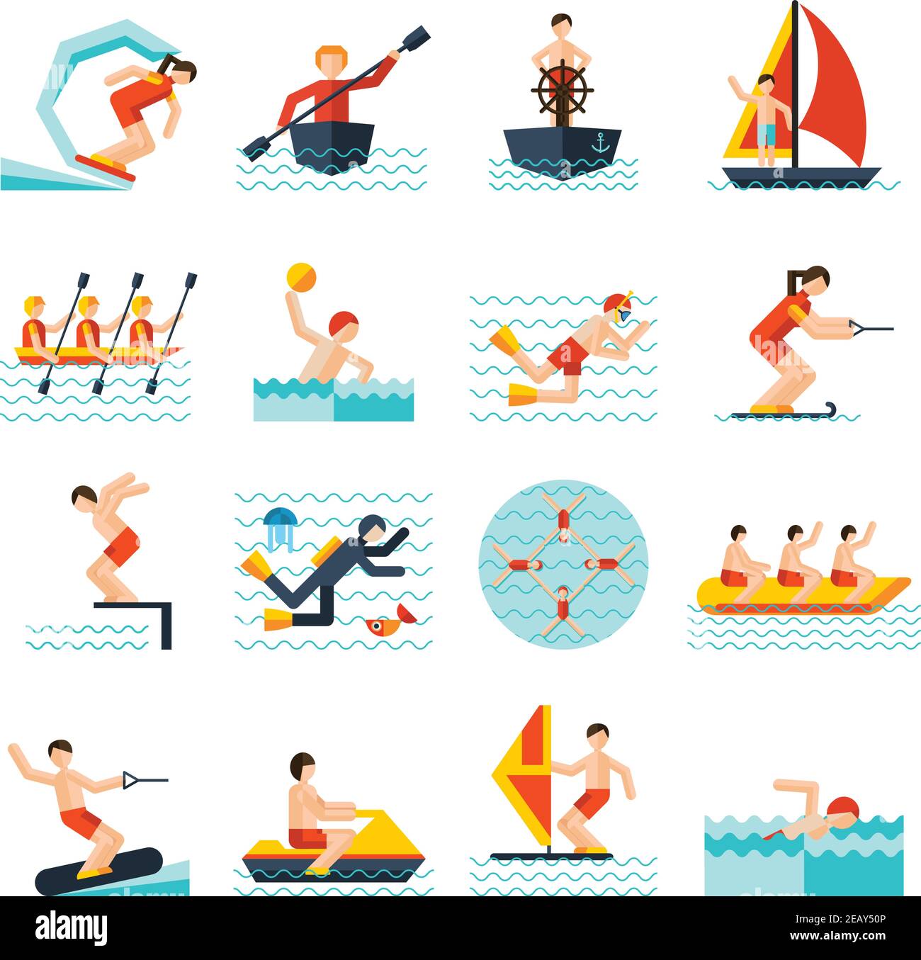 Water sports flat icons set with kite sailing canoe isolated vector ...