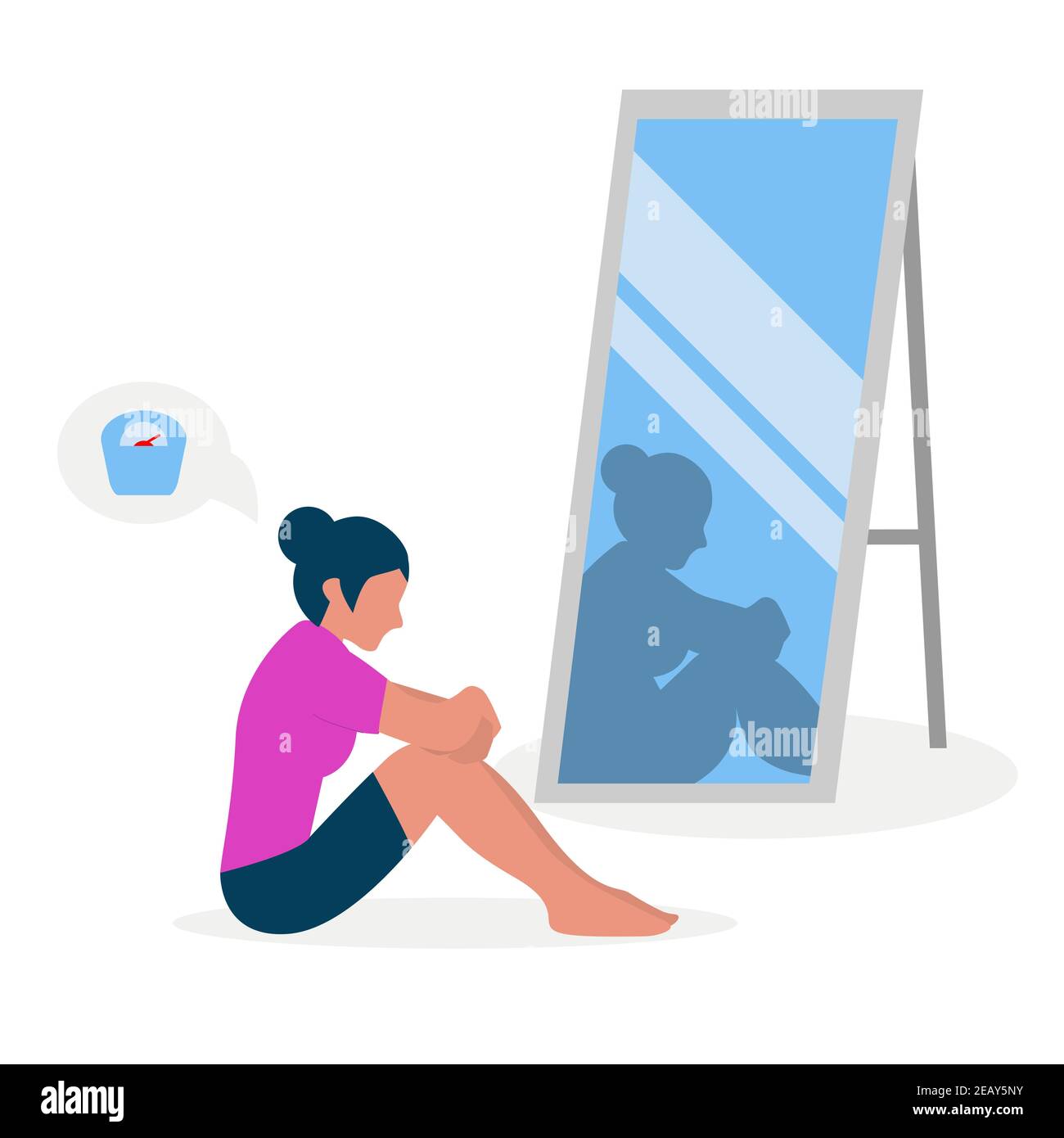 Flat vector illustration of a skinny girl with low self-esteem sitting in front of a mirror. The girl looks into her distorted reflection. Stock Vector