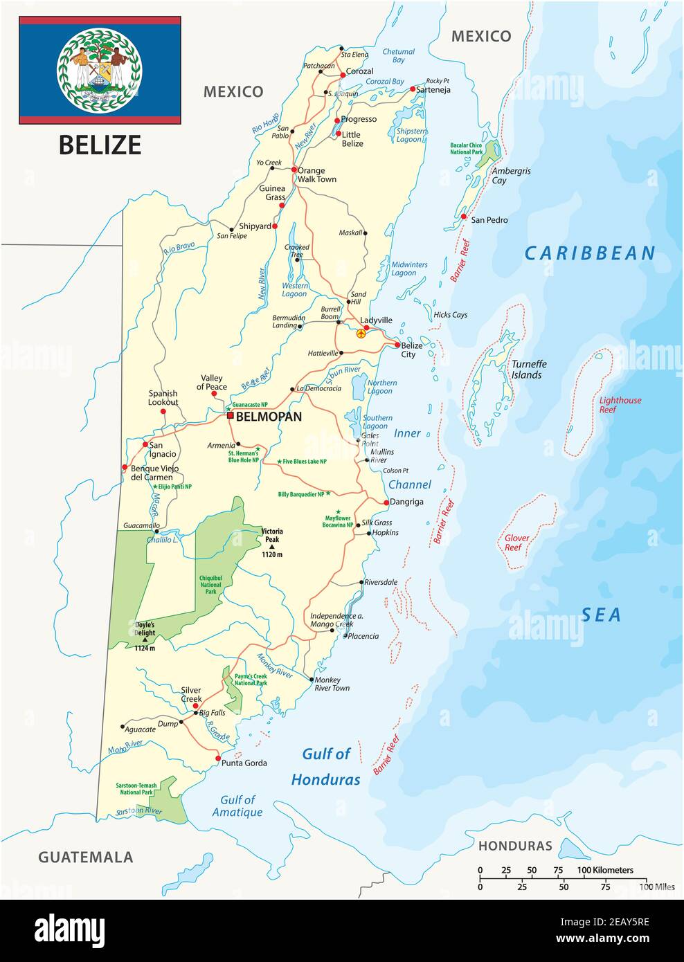 Road and national park map of the central american state belize Stock Vector