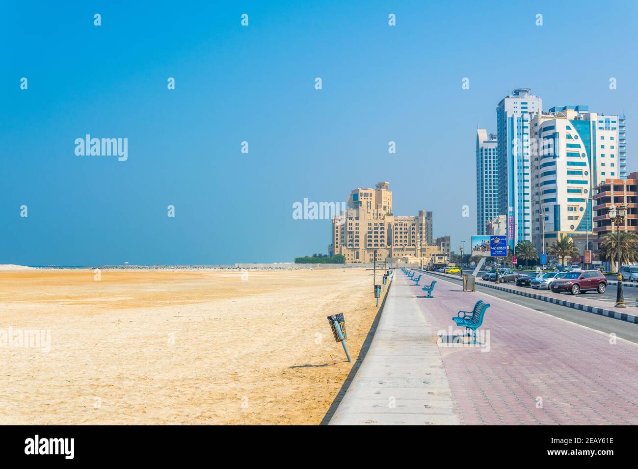 AJMAN, UAE, OCTOBER 24, 2016: Hotels stretched alongside beach in the smallest of the United Arab Emirates - Ajman. Stock Photo