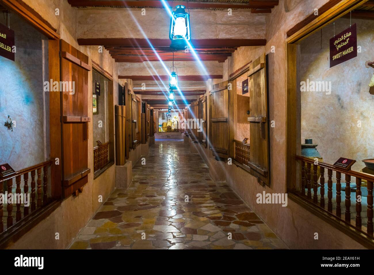 AJMAN, UAE, OCTOBER 24, 2016: Interior of the museum of Ajman is situated in an old fortress. Ajman is the smallest of the United Arab Emirates. Stock Photo