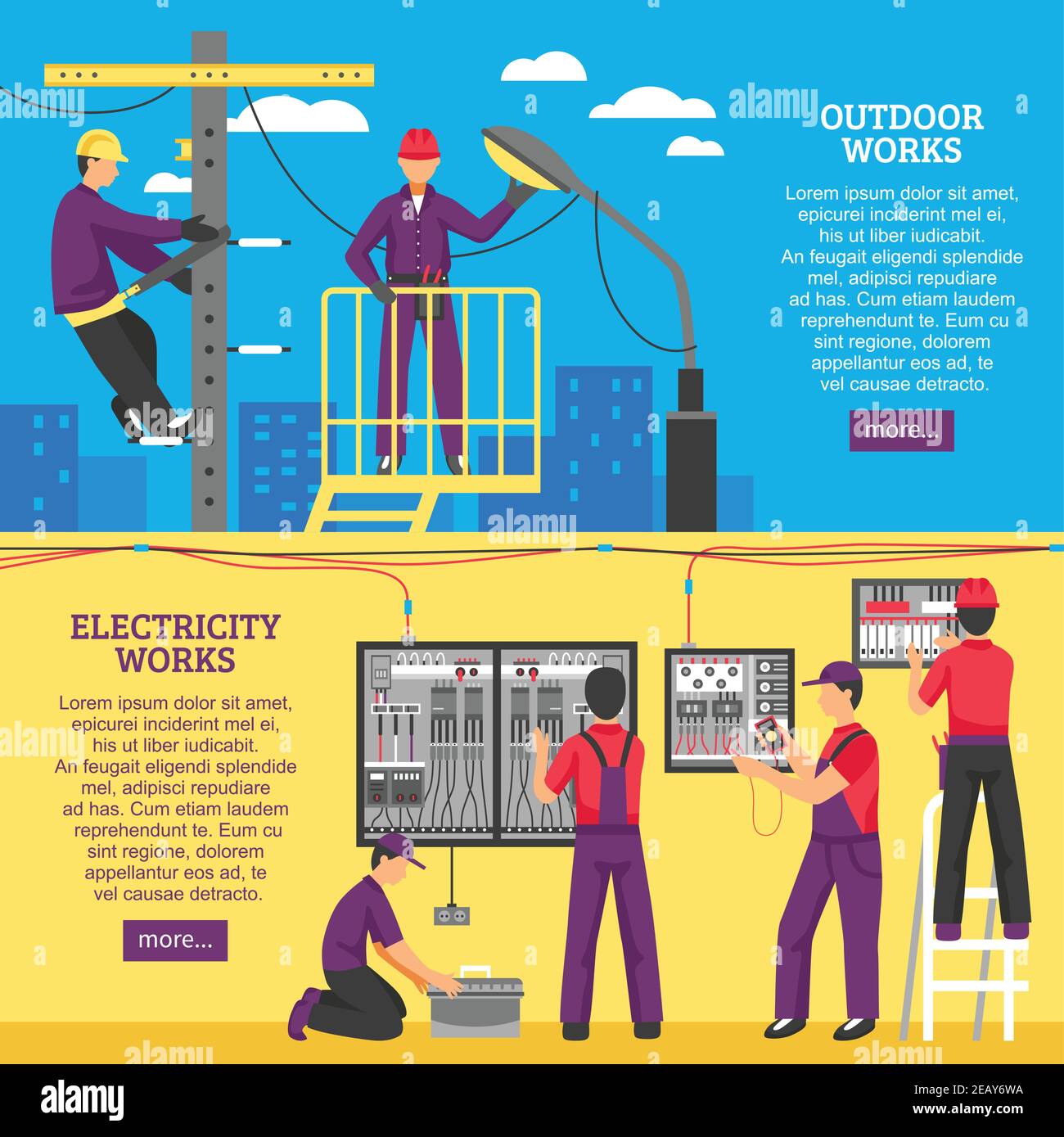 Electrical works horizontal banners with people working on power line