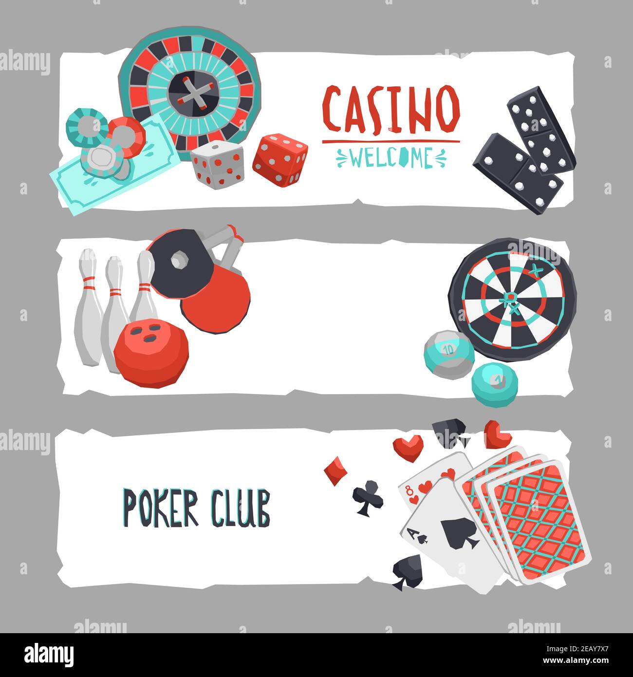 Game design horizontal banner set with casino bowling ping-pong darts pool and poker isolated vector illustration Stock Vector