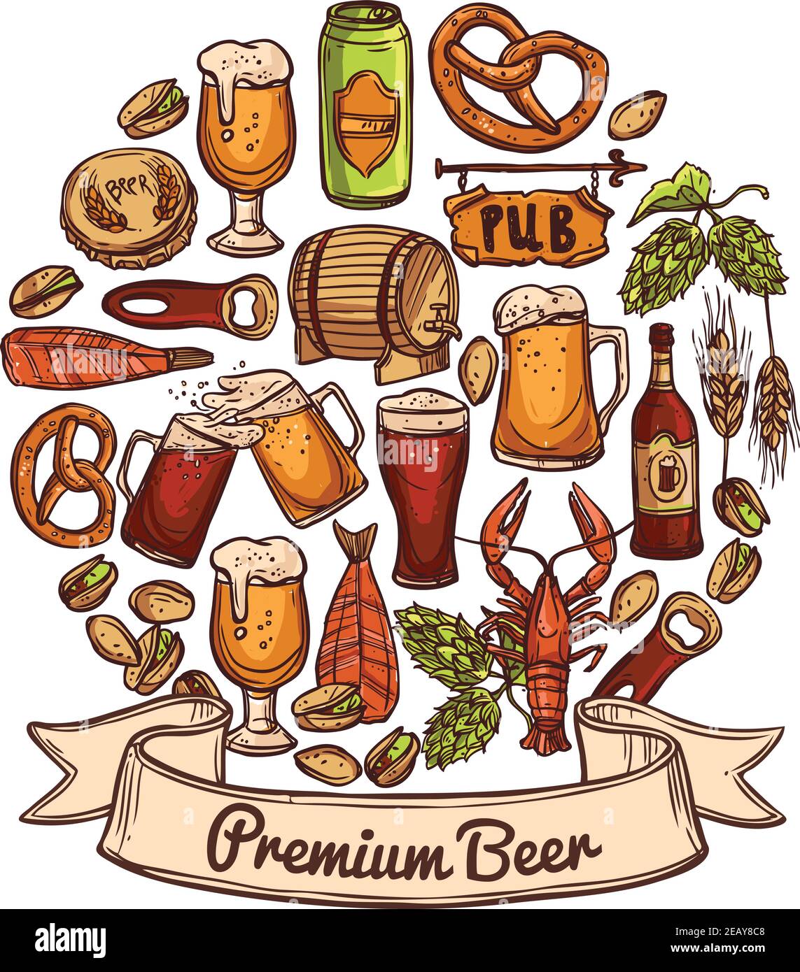 Premium beer concept sketch with jugs can opener bottle cask cap snacks hops nuts crayfish and shrimps vector illustration Stock Vector