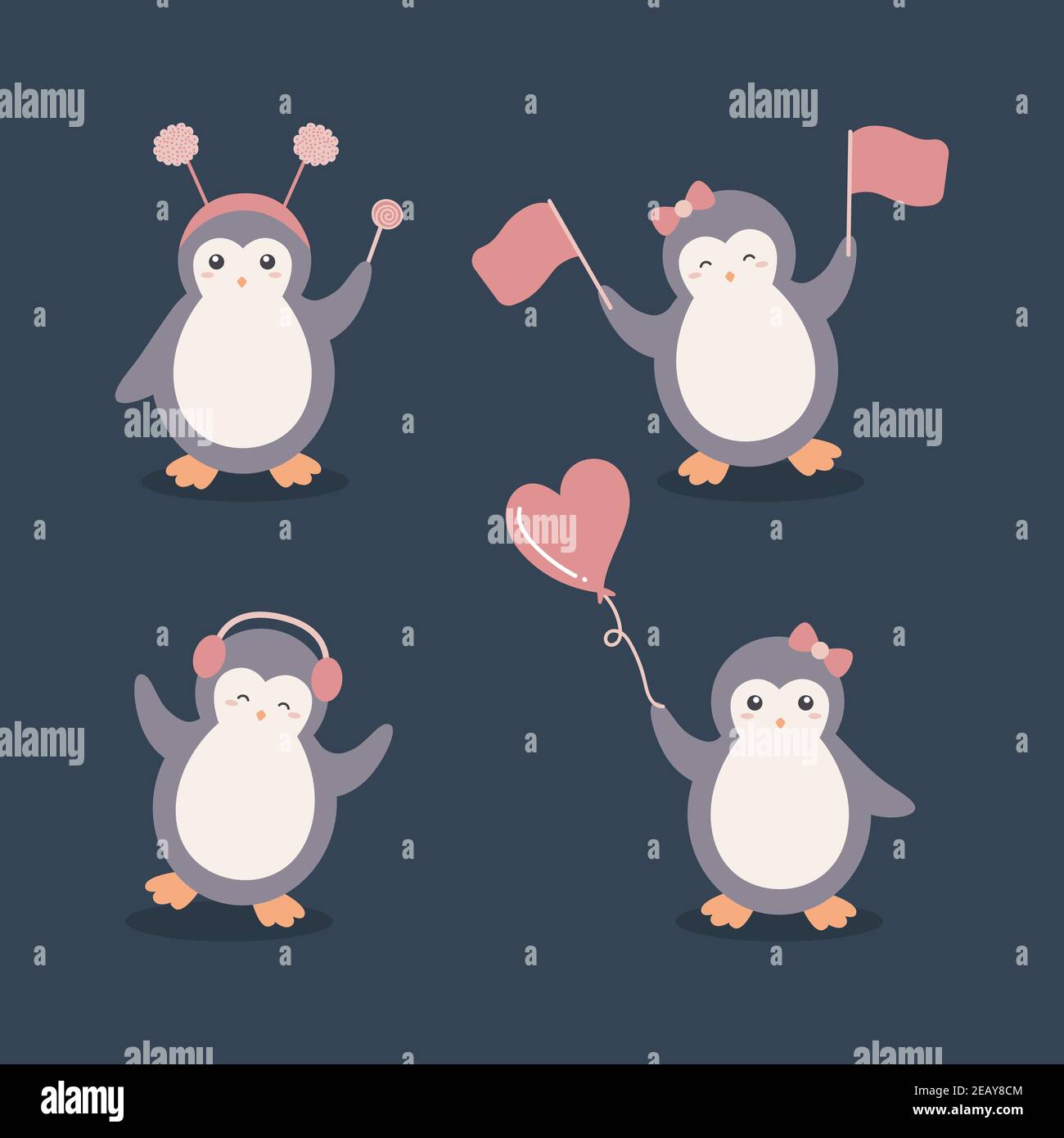 Cute Penguin Playing Various Poses Cartoon Character Set Stock Vector
