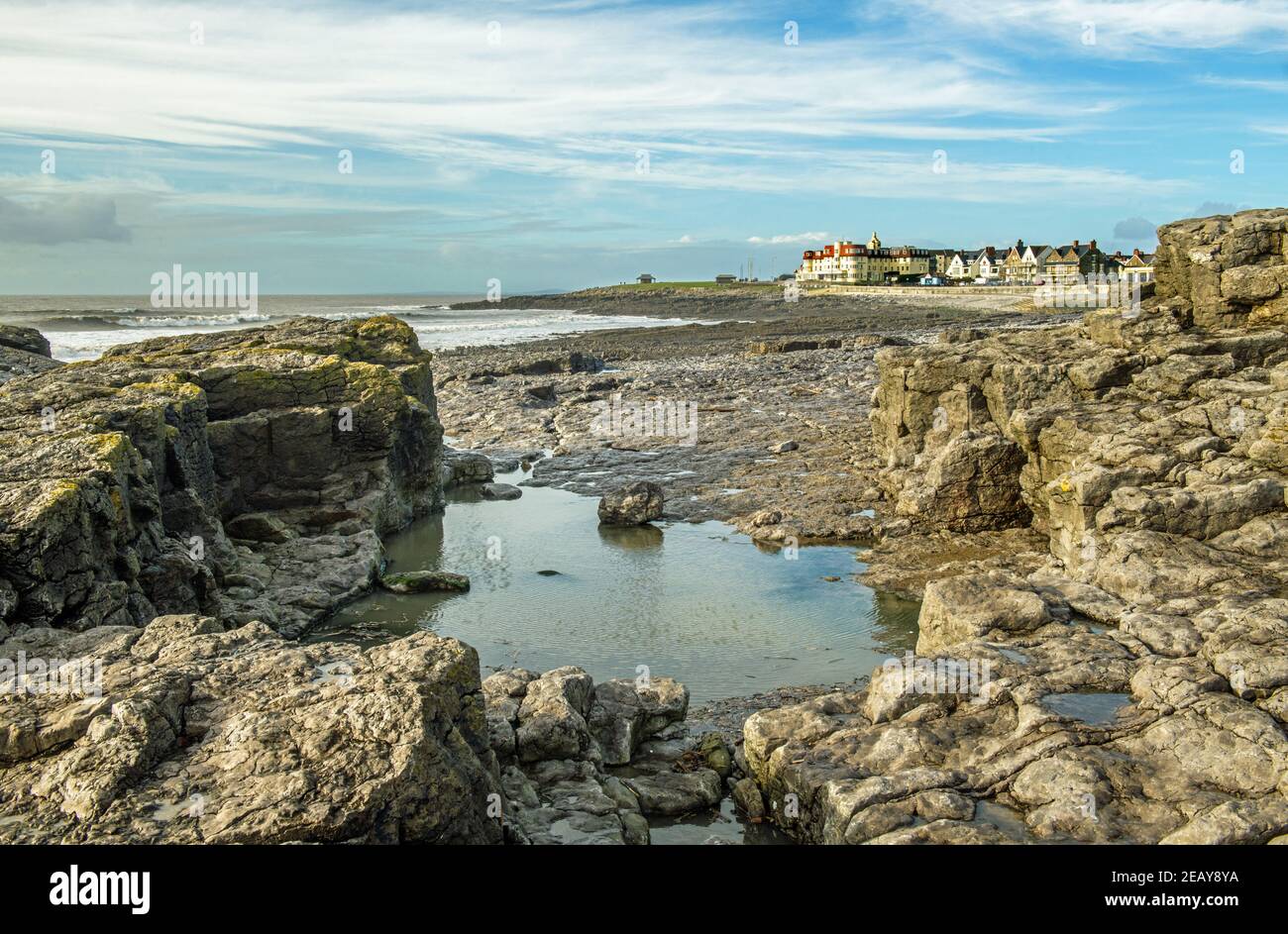 Porthcawl Seafront and rockpool on the south Wales Coast in January, winter Stock Photo