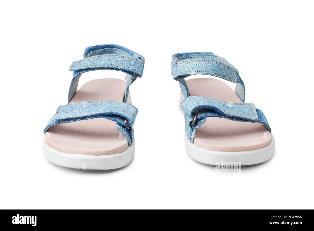 Blue female leather sandals, velcro straps, flat sole white background  isolated closeup front view, women sandal shoes, pair of fashion summer  sandals Stock Photo - Alamy