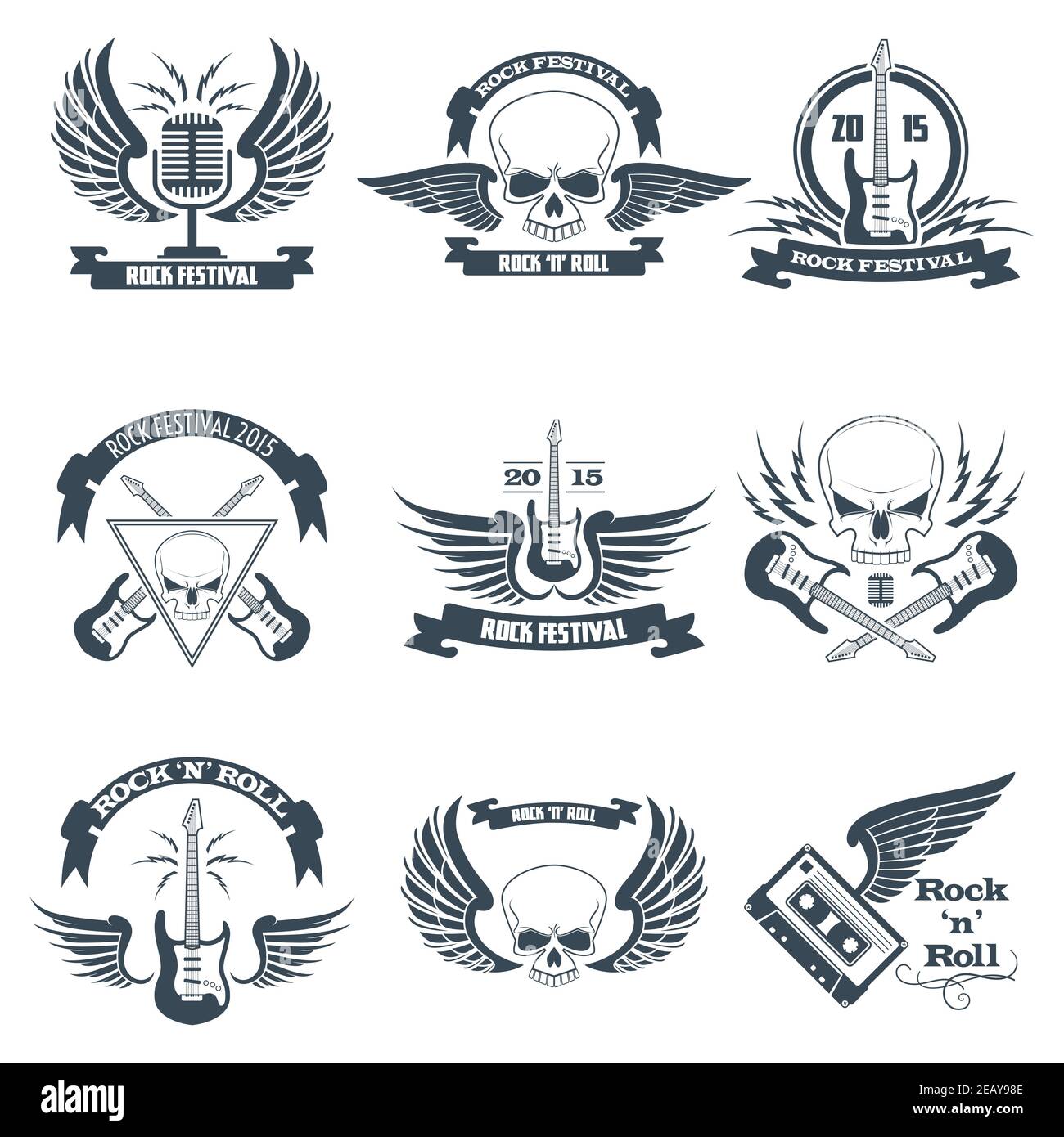 Rock music ribbon emblems set with skulls wings guitars isolated vector illustration Stock Vector