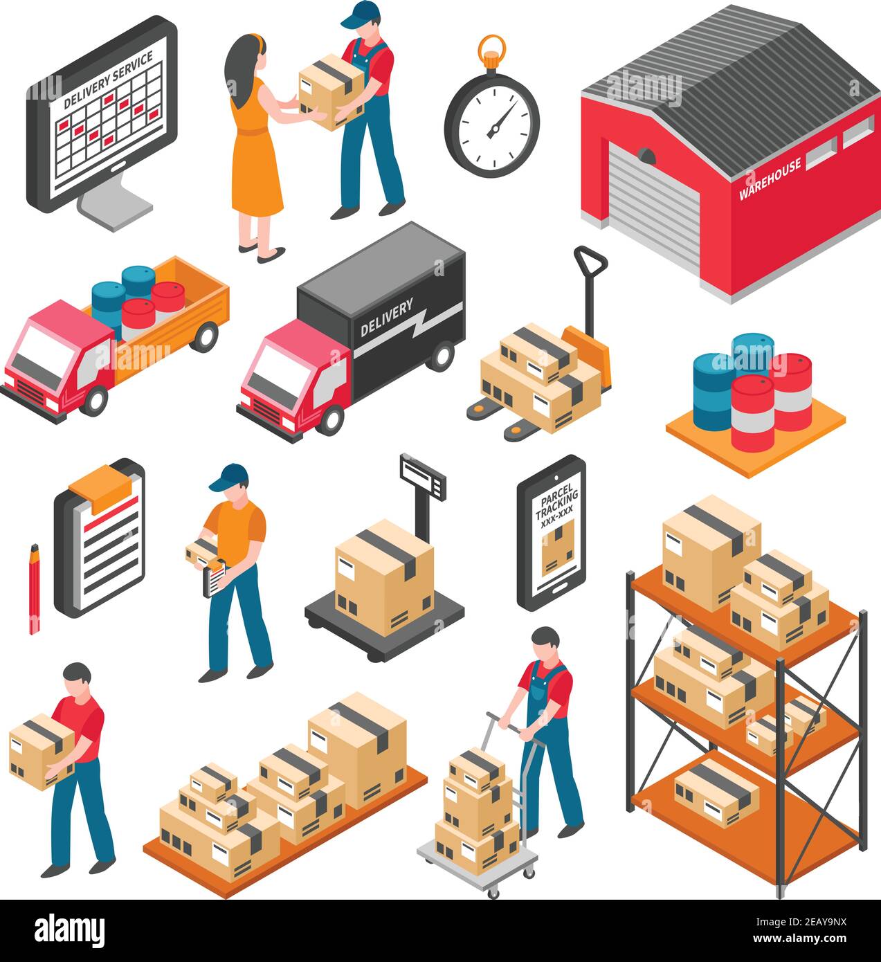 Logistics and delivery isometric icons set with warehouse workers boxes forklifts and cargo