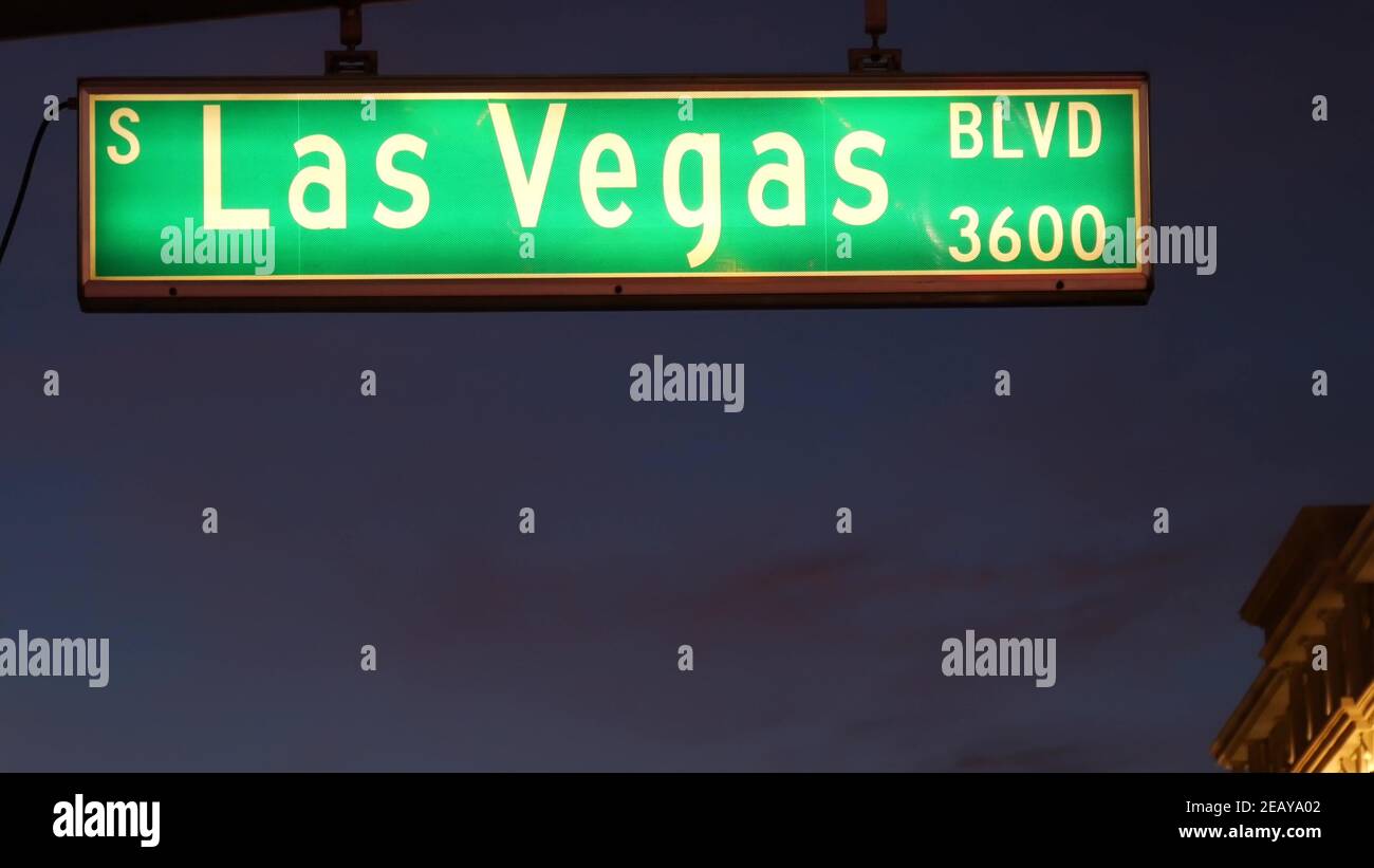 Fabulos Las Vegas, traffic sign glowing on The Strip in sin city of USA