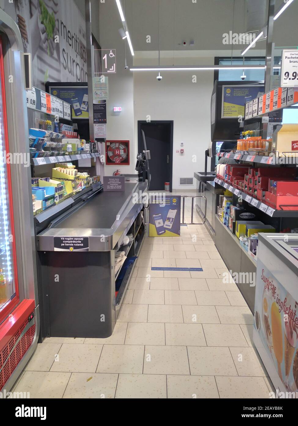 Conveyor belt at the checkout point in a supermarket. Bucharest