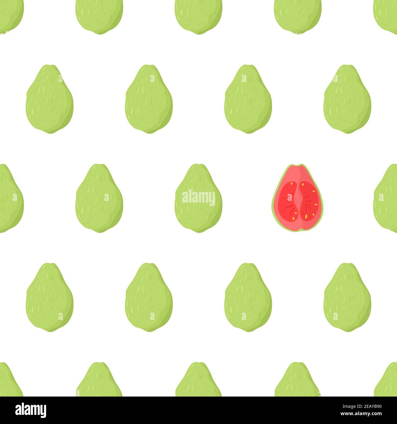 Eye catching seamless pattern with green guava whole fruit and one pink cut in half. Nature food vector illustration. Organic textile. Healthy food on white background. Stock Vector