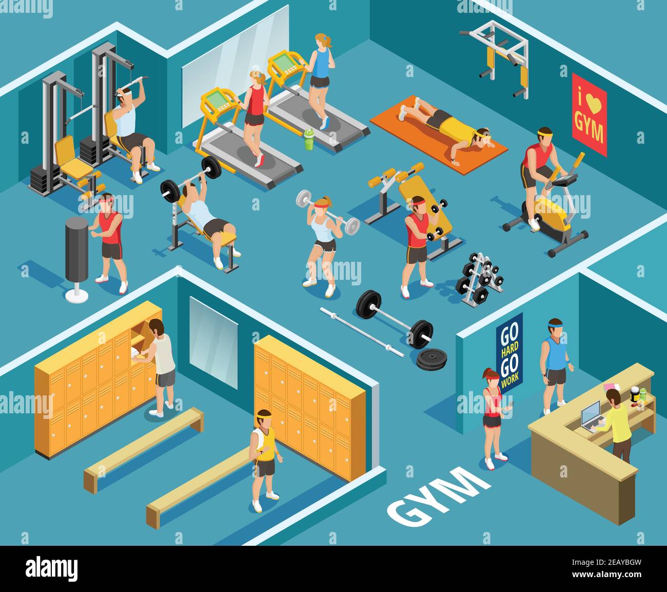 Gym isometric template with people equipment and various types of physical exercises vector illustration Stock Vector Image Art Alamy
