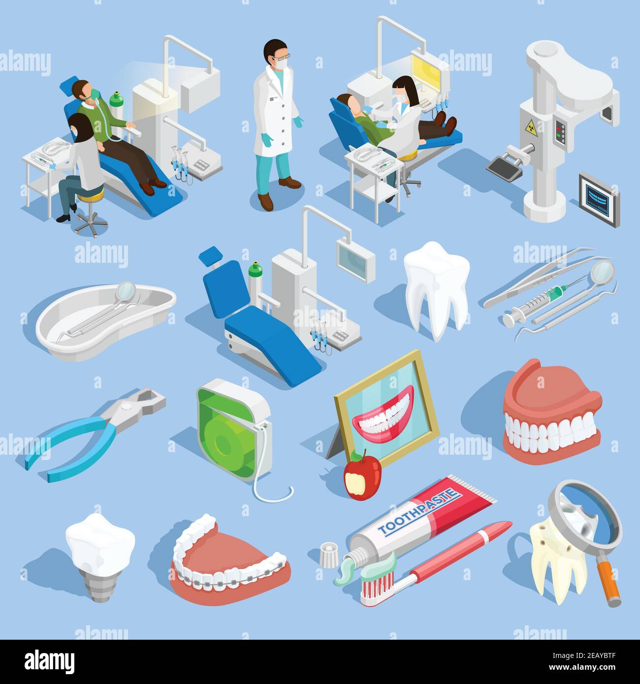 Dentist isometric icons set with tooth and healthcare symbols on blue