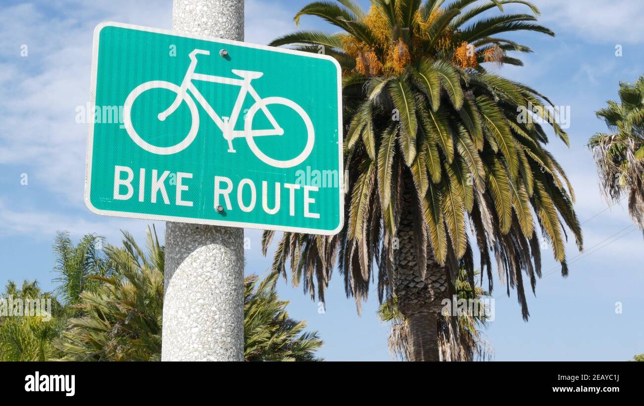Bike Route green road sign in California, USA. Bicycle lane singpost