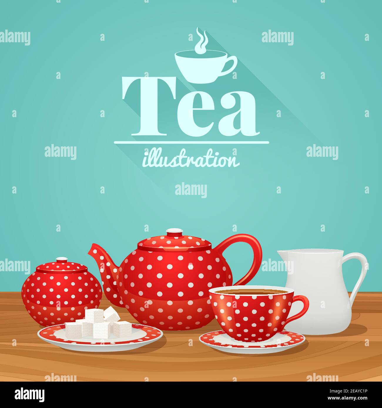 Red polka dot tea pottery set with teapot cup saucer vector illustration Stock Vector