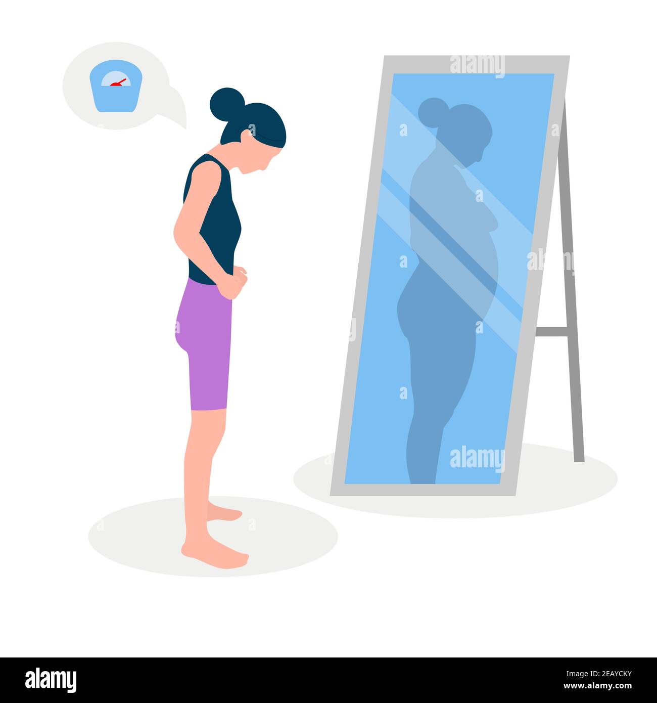 Flat vector illustration of a skinny girl with low self-esteem standing in front of a mirror. The girl looks into her distorted reflection. Stock Vector