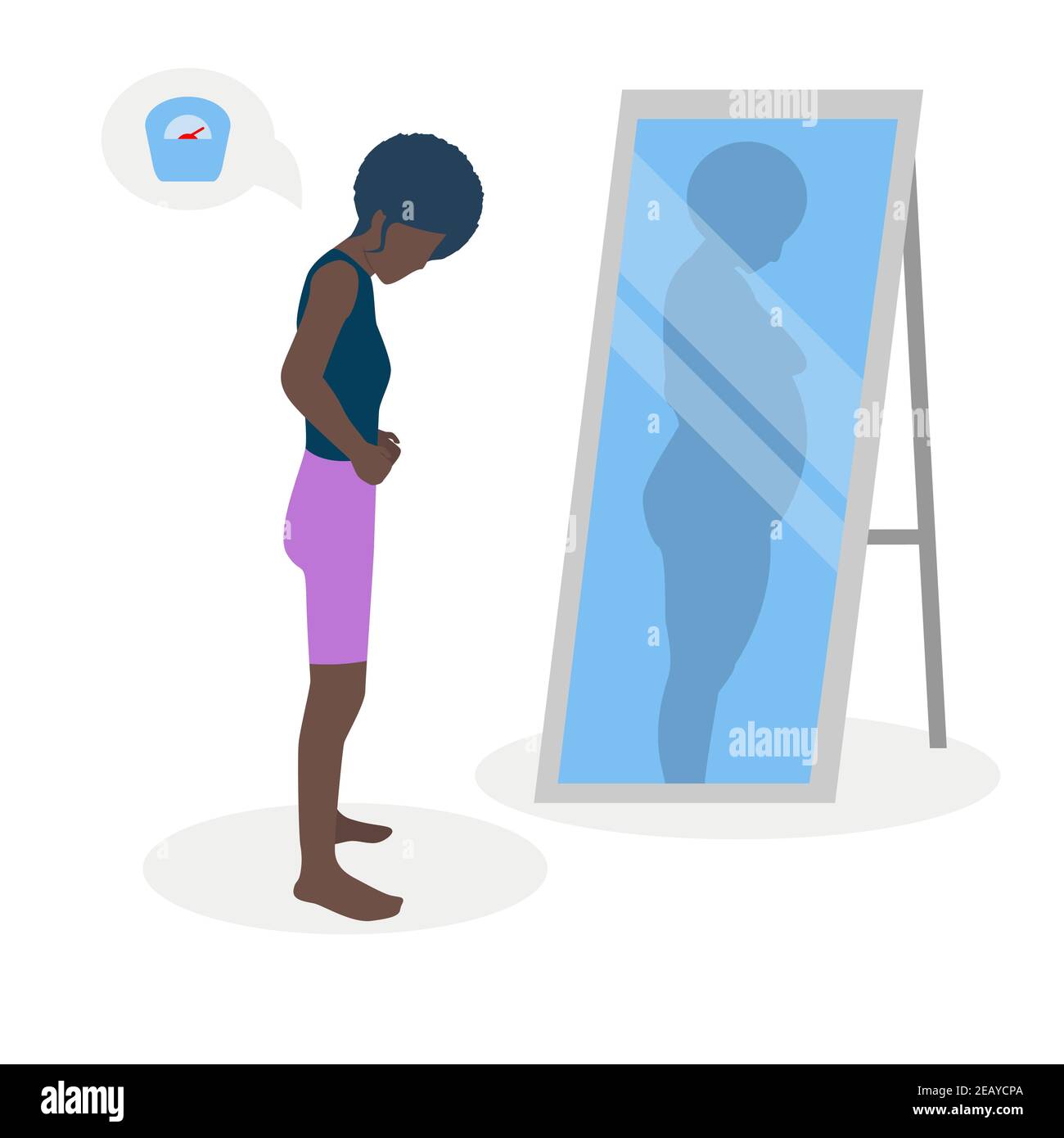 Flat vector illustration of a black skinny girl with low self-esteem standing in front of a mirror. The girl looks into her distorted reflection. Stock Vector