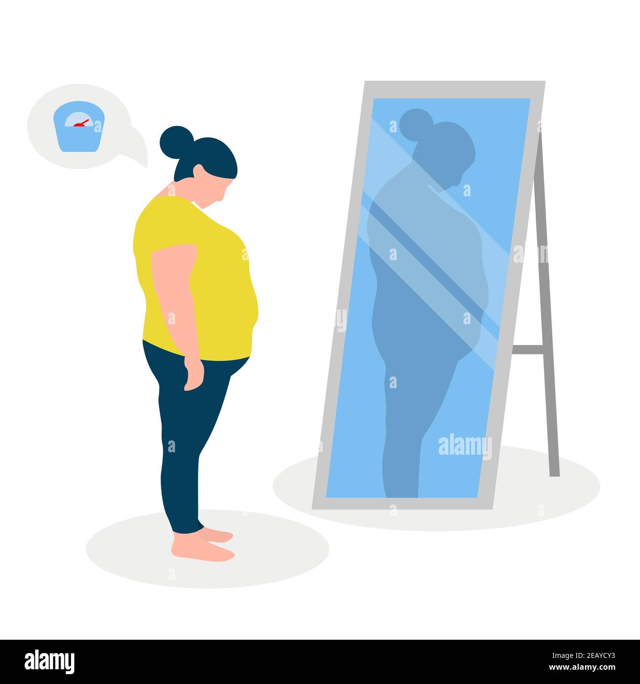 Flat vector illustration of a fat girl with low self-esteem standing in front of a mirror. The girl looks into her distorted reflection. Stock Vector