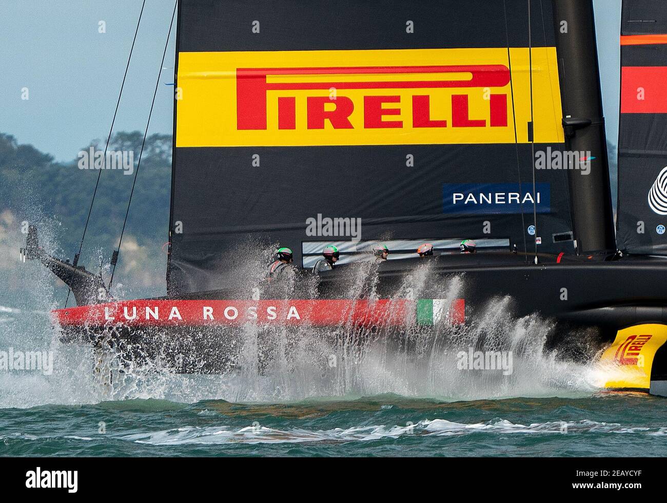 Auckland, New Zealand, 11 February, 2021 -  Italian team Luna Rossa Prada Pirelli practice on the Waitemata Harbour ahead of the Prada Cup finals which starts on Saturday, February 13, 2021. Luna Rossa will battle INEOS Team UK to determine who will challenge defenders Emirates Team New Zealand  in the 36th America's Cup series which starts on March 6. Credit: Rob Taggart/Alamy Live News Stock Photo