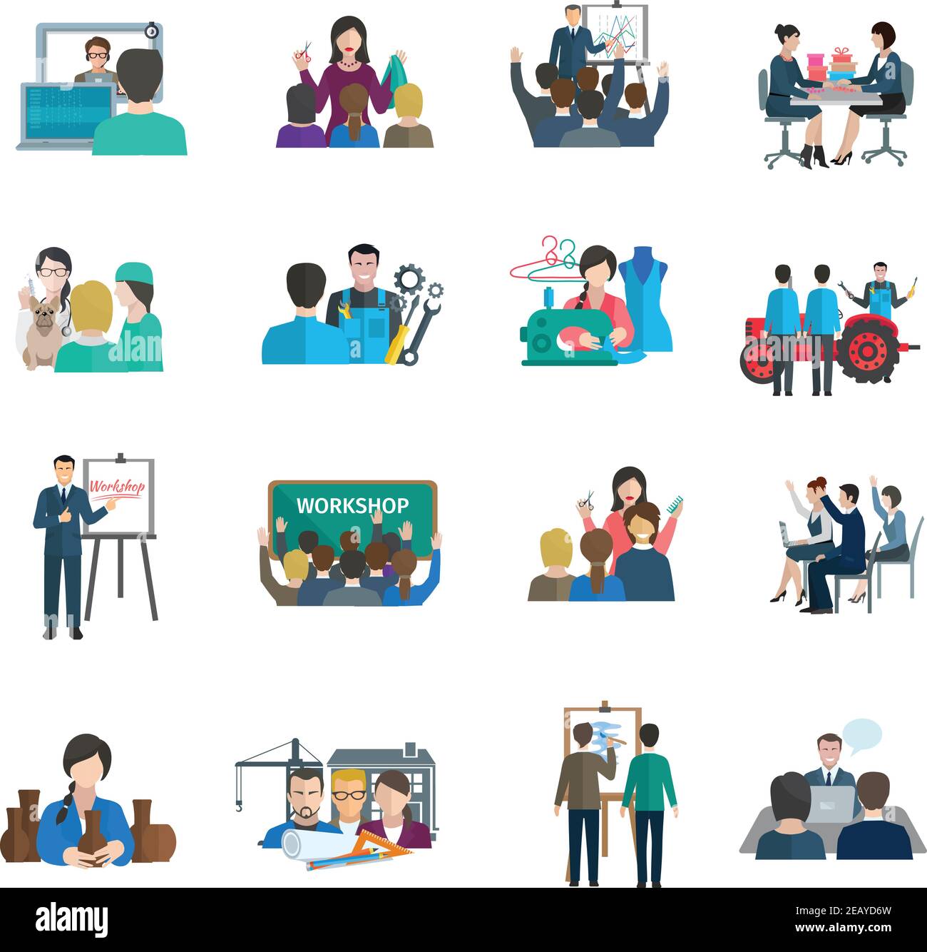 Workshop flat icons set with business leader presentation teamwork ...