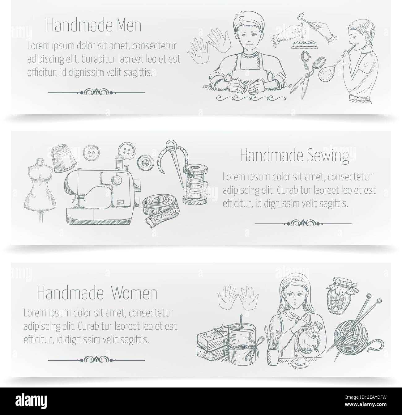 Handmade horizontal banner set with hand drawn sewing elements isolated vector illustration Stock Vector