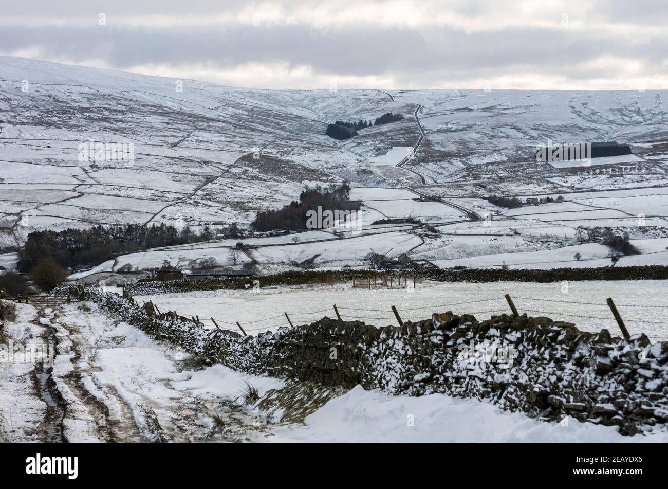 A remote path and dry stone wall against a backdrop of snow covered fells in Weardale, County Durham, North Pennines AONB Stock Photo