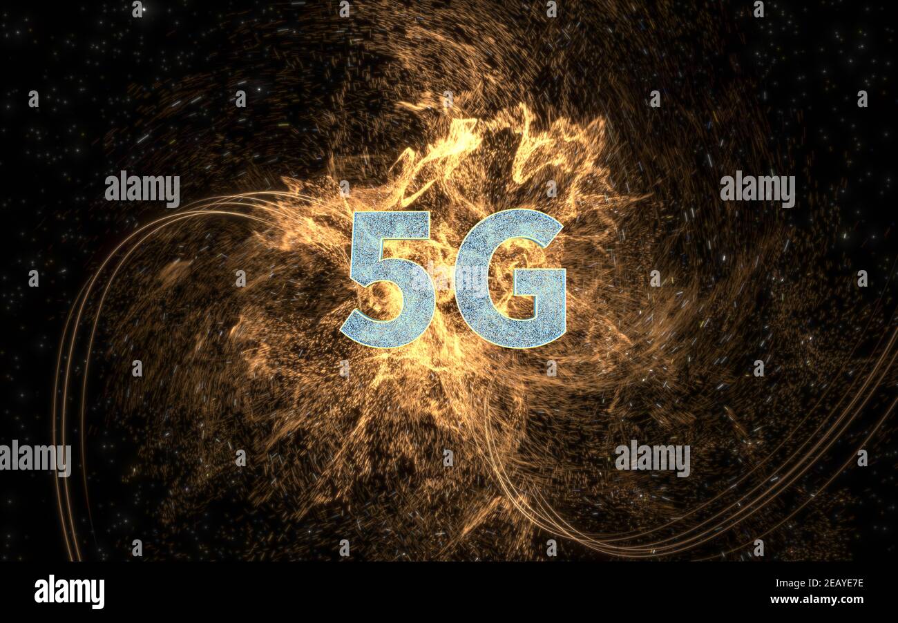 5G font with universe background, 3d rendering. Computer digital drawing. Stock Photo