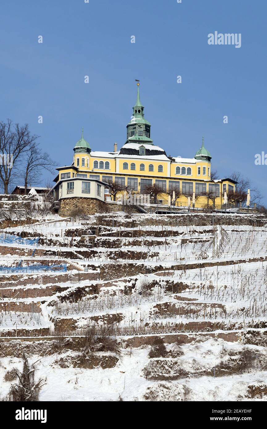 Radebeul, Germany. 10th Feb, 2021. Surrounded by snow is the Spitzhaus, built in the 17th century, on the vineyards of the Lößnitz. The Spitzhaus is a listed building and a landmark of the town. Credit: Sebastian Kahnert/dpa-Zentralbild/ZB/dpa/Alamy Live News Stock Photo