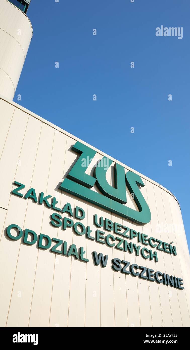 Szczecin, Poland - February 10, 2021: ZUS (Zaklad Ubezpieczen Spolecznych) sign on Social Insurance Institution office building in downtown Szczecin. Stock Photo
