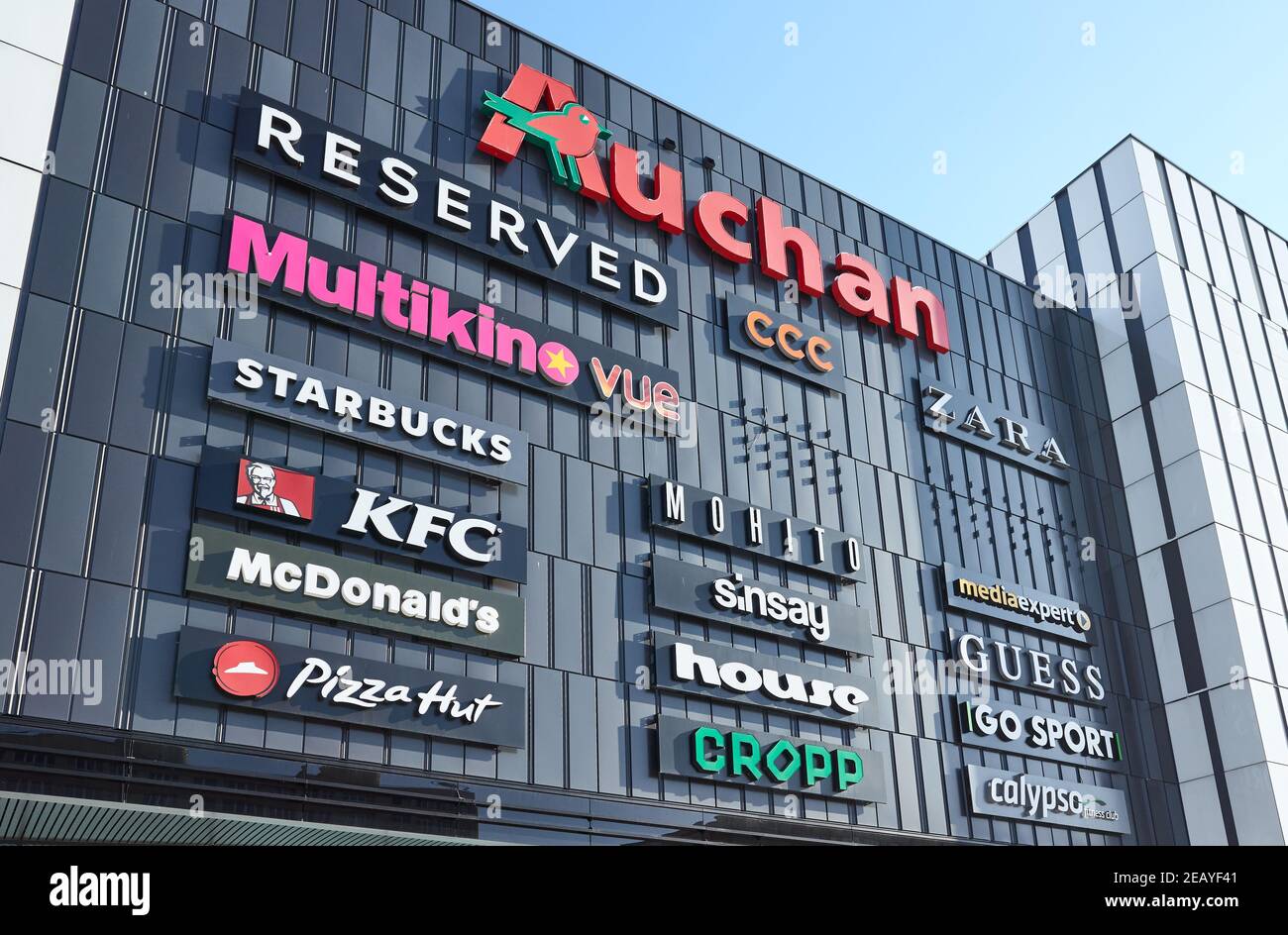 Szczecin, Poland - February 10, 2021: Brands and logos on the exterior of  GALAXY shopping and entertainment center Stock Photo - Alamy