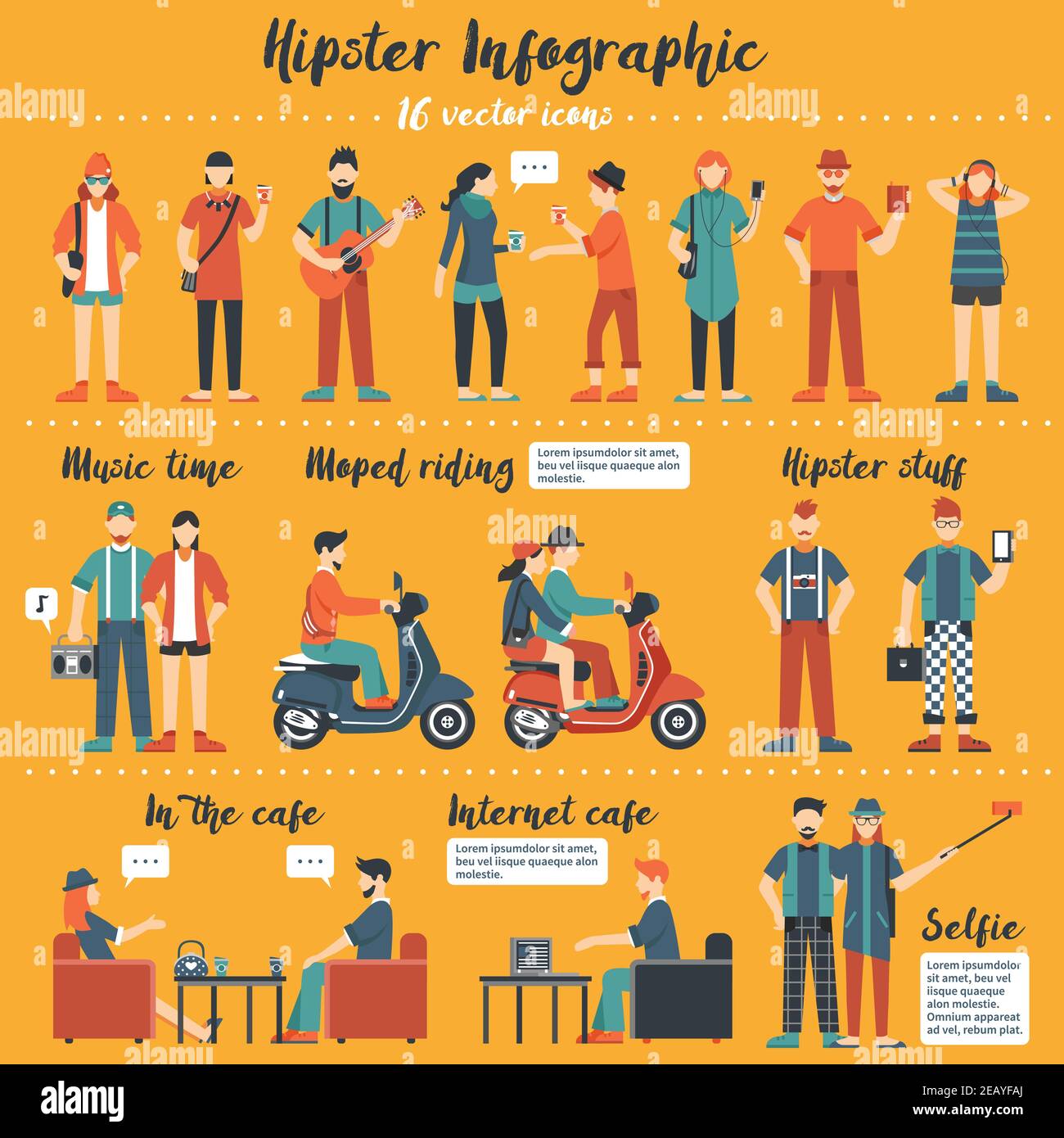 Hipster infographics template  with young people with wear in street  fashion and modern accessories on yellow background flat vector illustration Stock Vector