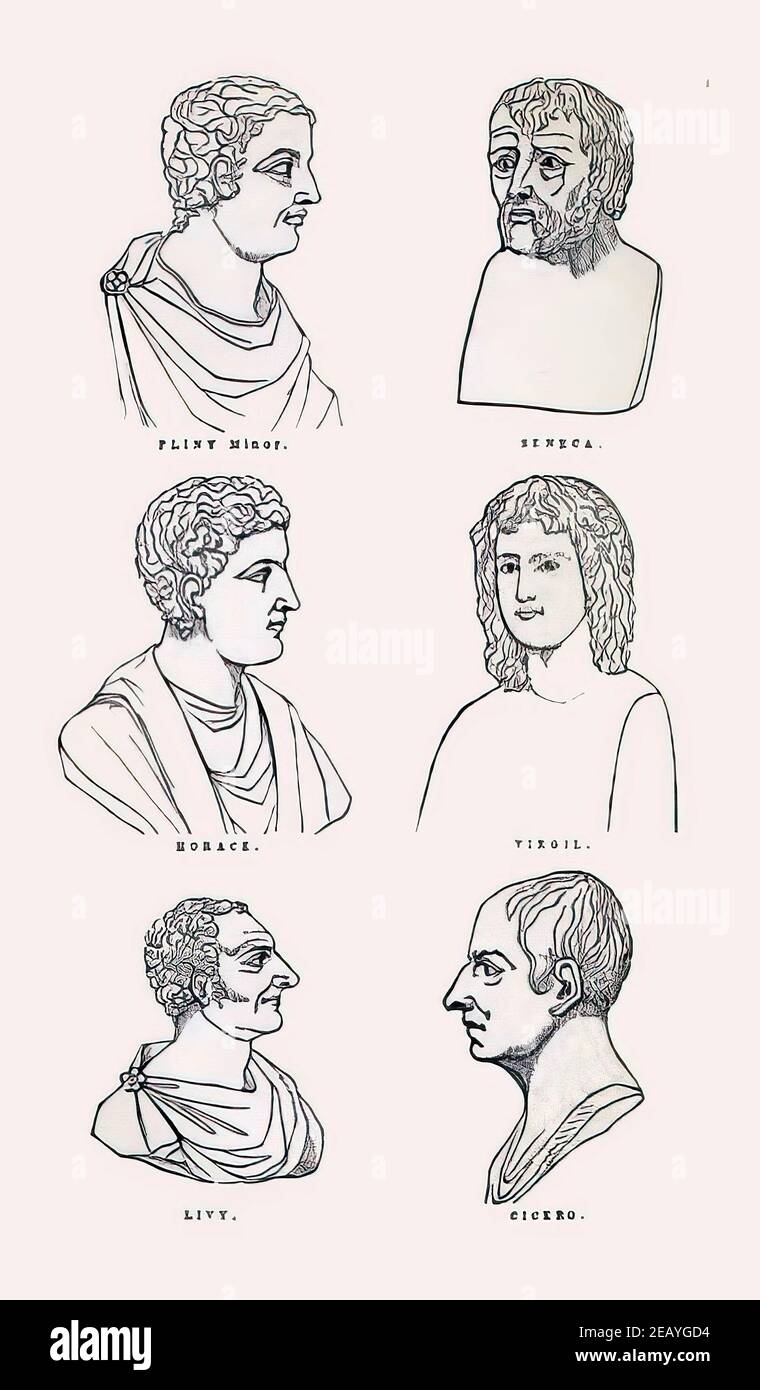Collage of portraits of Seneca, Pliny Minor, Horace, Virgil, Livy, and