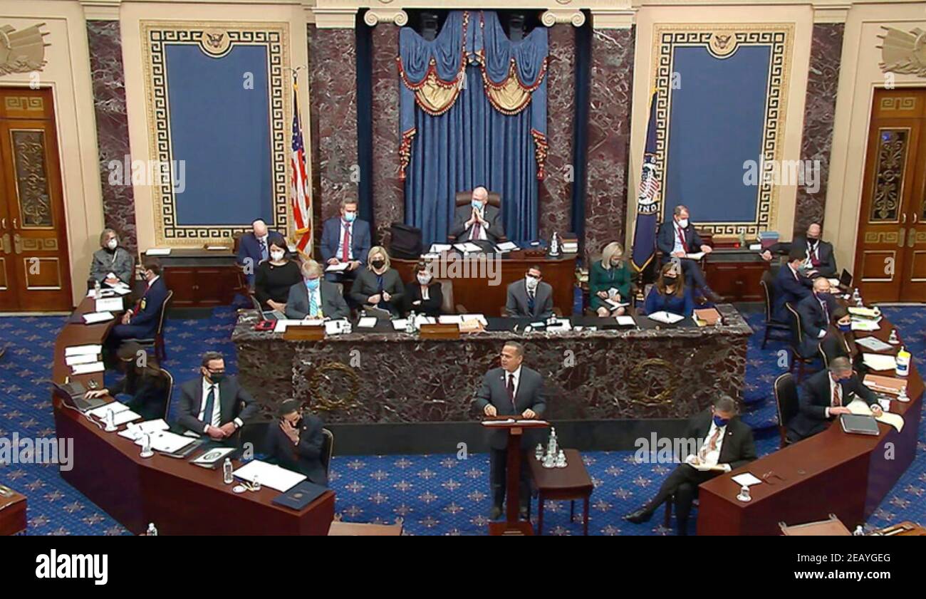 DONALD TRUMP IMPEACHMENT. House impeachment manager   David Cicilline (Democrat, Rhode Island) speaking in the Senate at the Capitol in Washington, 9 Ferbruary,2021. Photo: Senate TV. Stock Photo