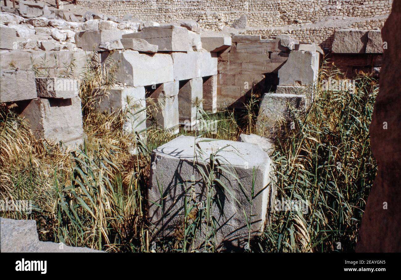 Abydos - one of the oldest cities and temple complex in ancient Egypt, Upper Nile. Osireion remains, an integral part of Seti I's funeral complex. Archival scan from a slide. February 1987. Stock Photo