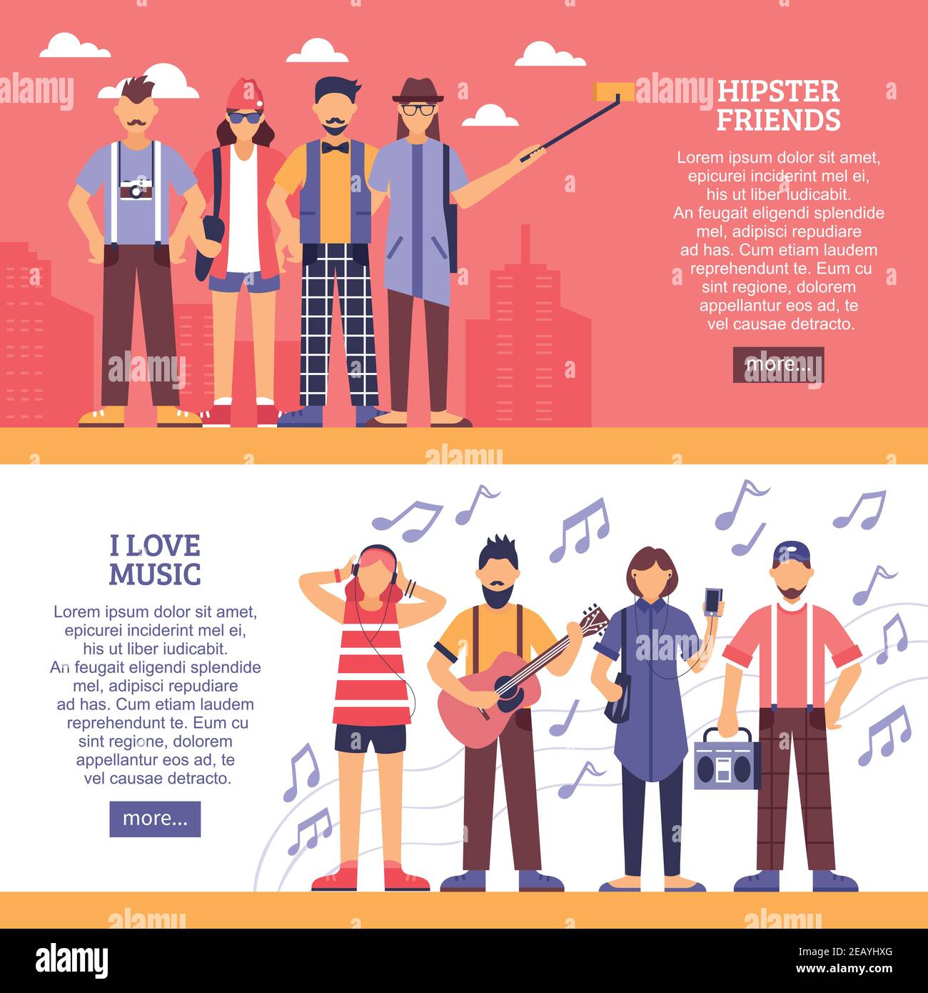 Hipster horizontal banners with group of young people with guitar radio cassette player headphones flat vector illustration Stock Vector