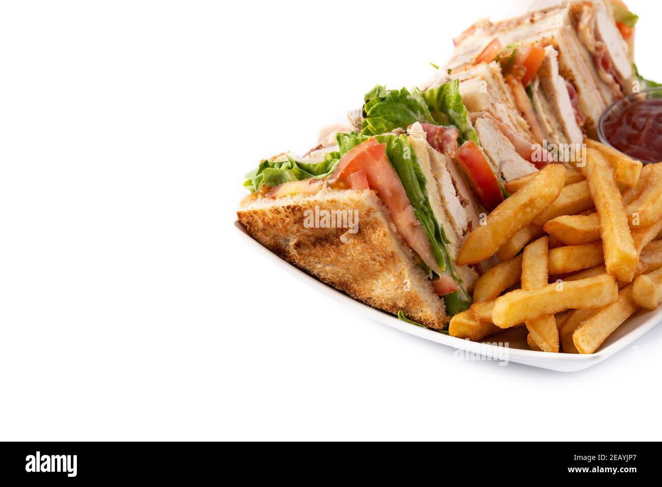 Club sandwich and French fries isolated on white background Stock Photo ...