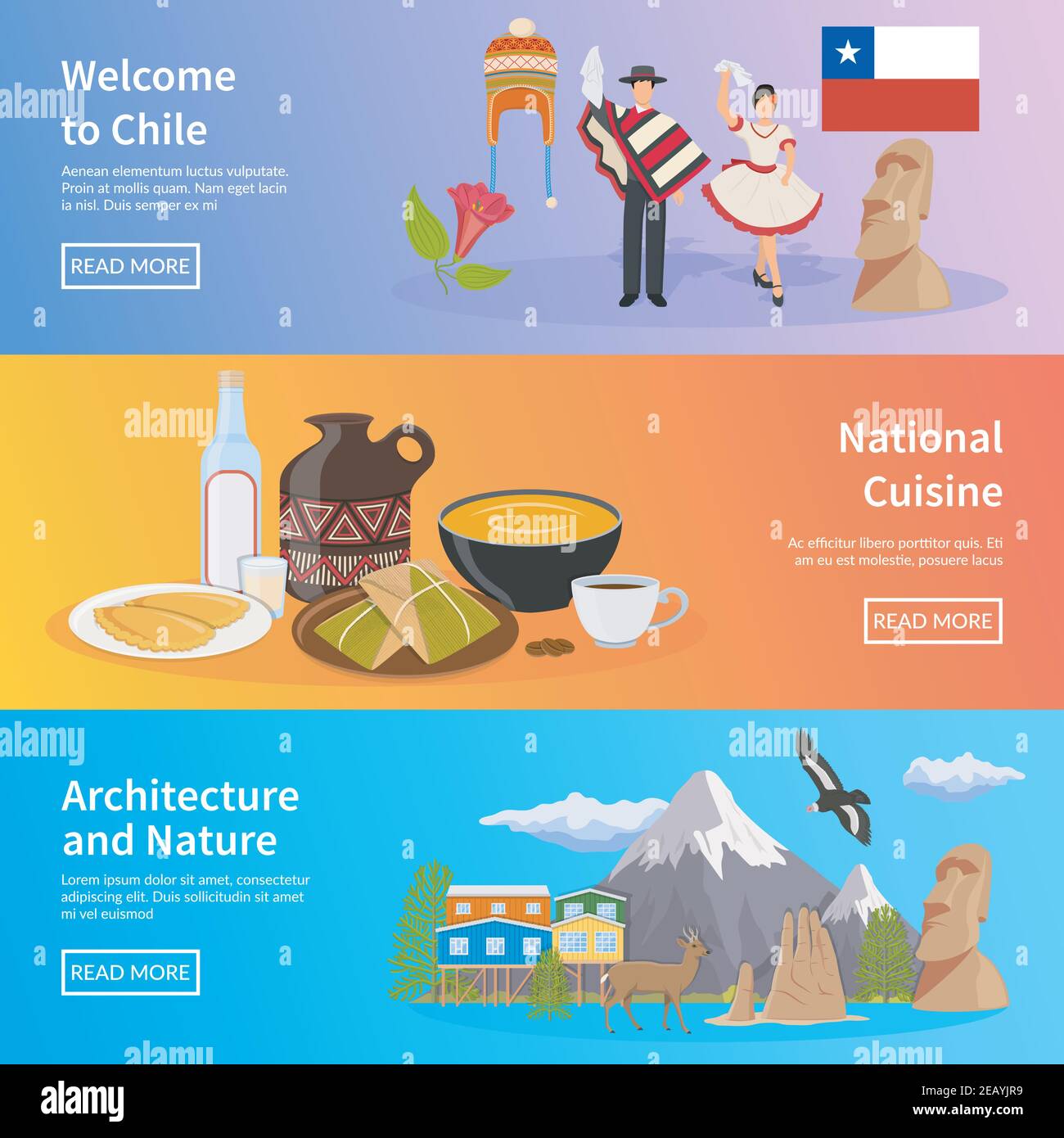 Chile colored horizontal banners set with elements of national symbols ...