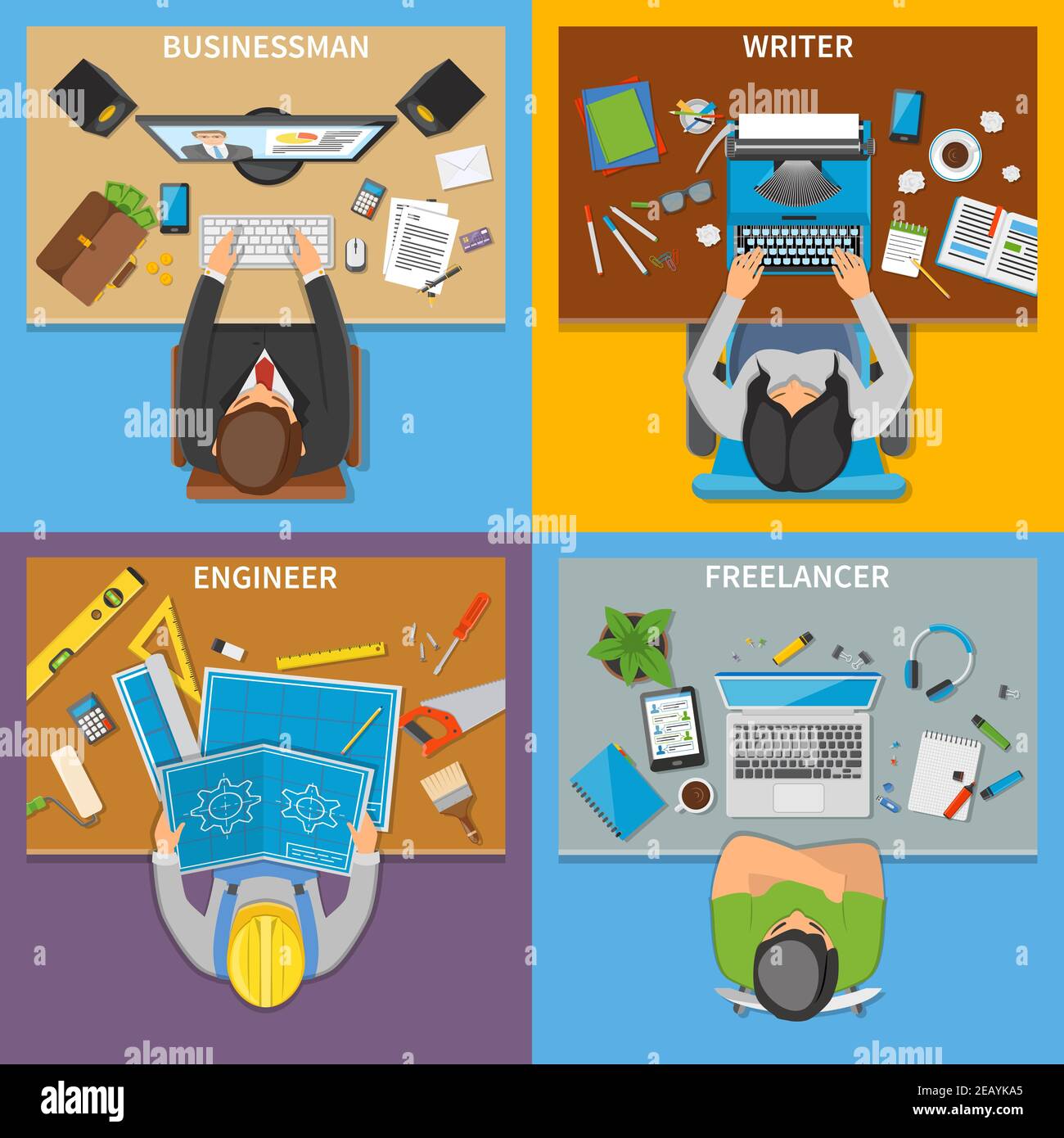 Professions 2x2 design concept set of businessman writer engineer ...