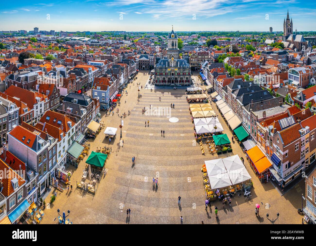 DELFT, NETHERLANDS, AUGUST 6, 2018: Aerial view of the main square in Delft, Netherlands Stock Photo